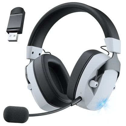 Black and white wireless gaming headset with detachable noise cancelling microphone and blue illuminated light featuring stereo surround