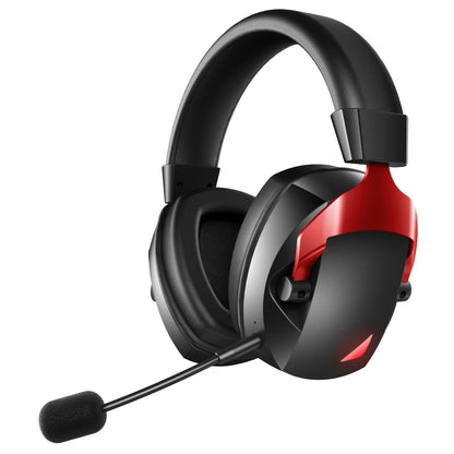 Black and red gaming headset with detachable noise cancelling microphone and stereo surround for multi-device use