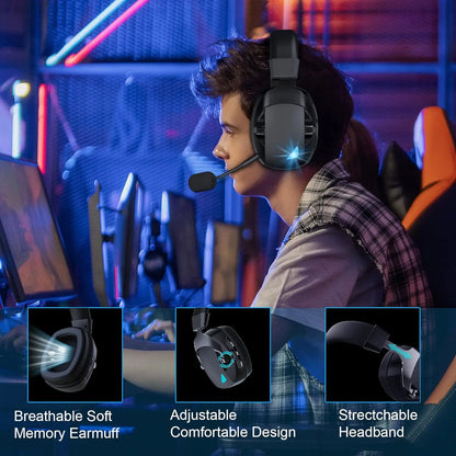 Black gaming headset with glowing blue light, detachable noise cancelling microphone, and stereo surround sound