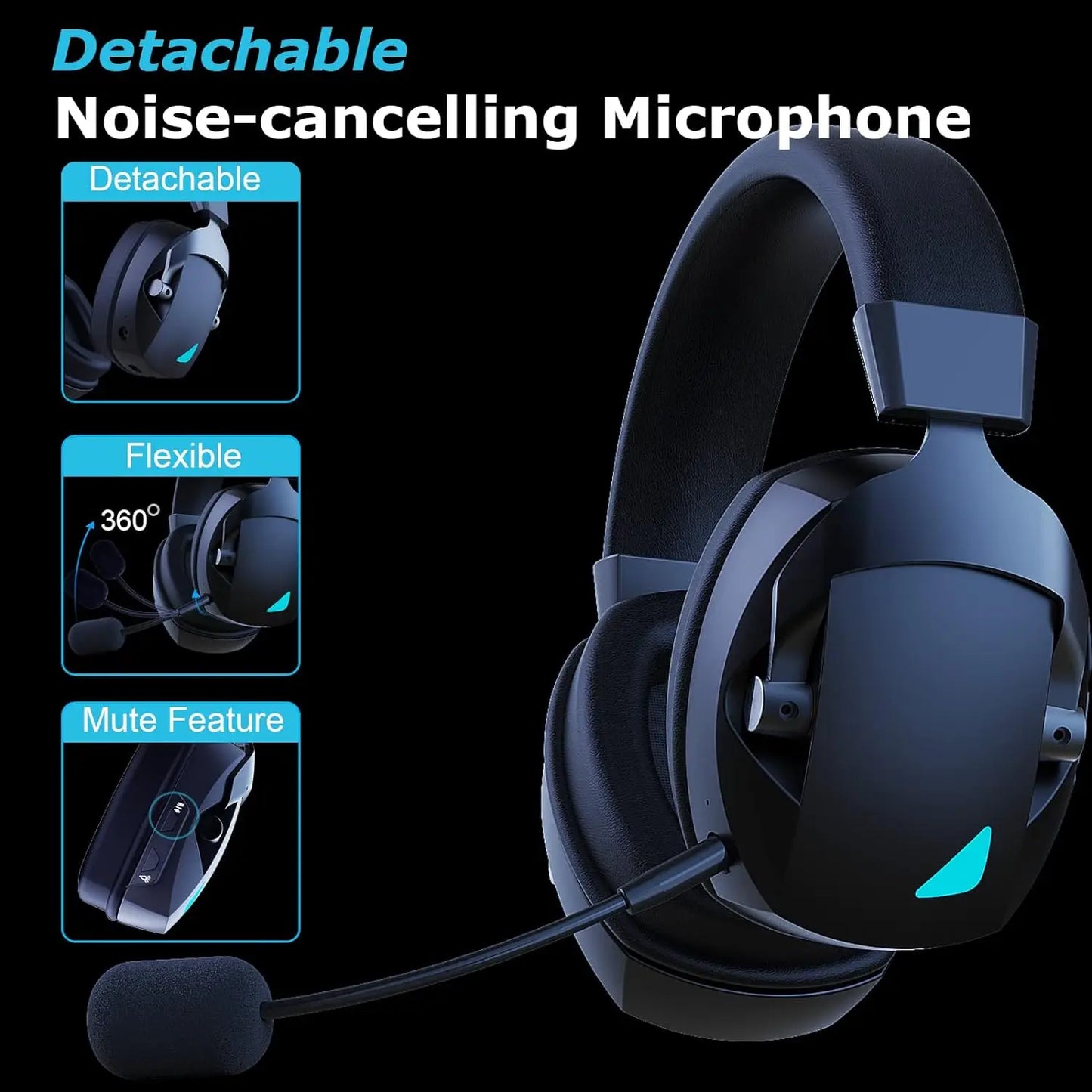 Black over-ear gaming headset with detachable noise cancelling microphone and blue led accents for stereo surround sound