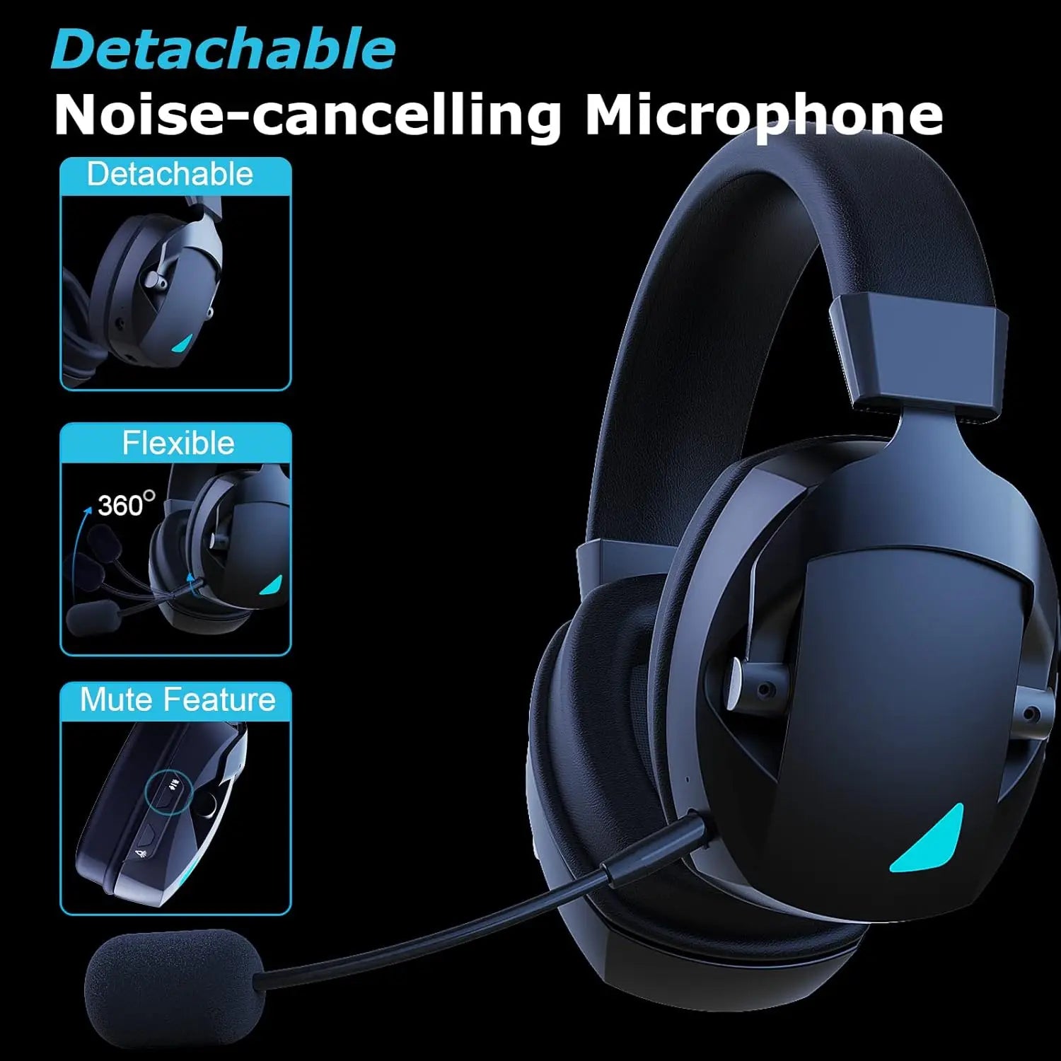 Black over-ear gaming headset with detachable noise cancelling microphone and blue led accents for stereo surround sound