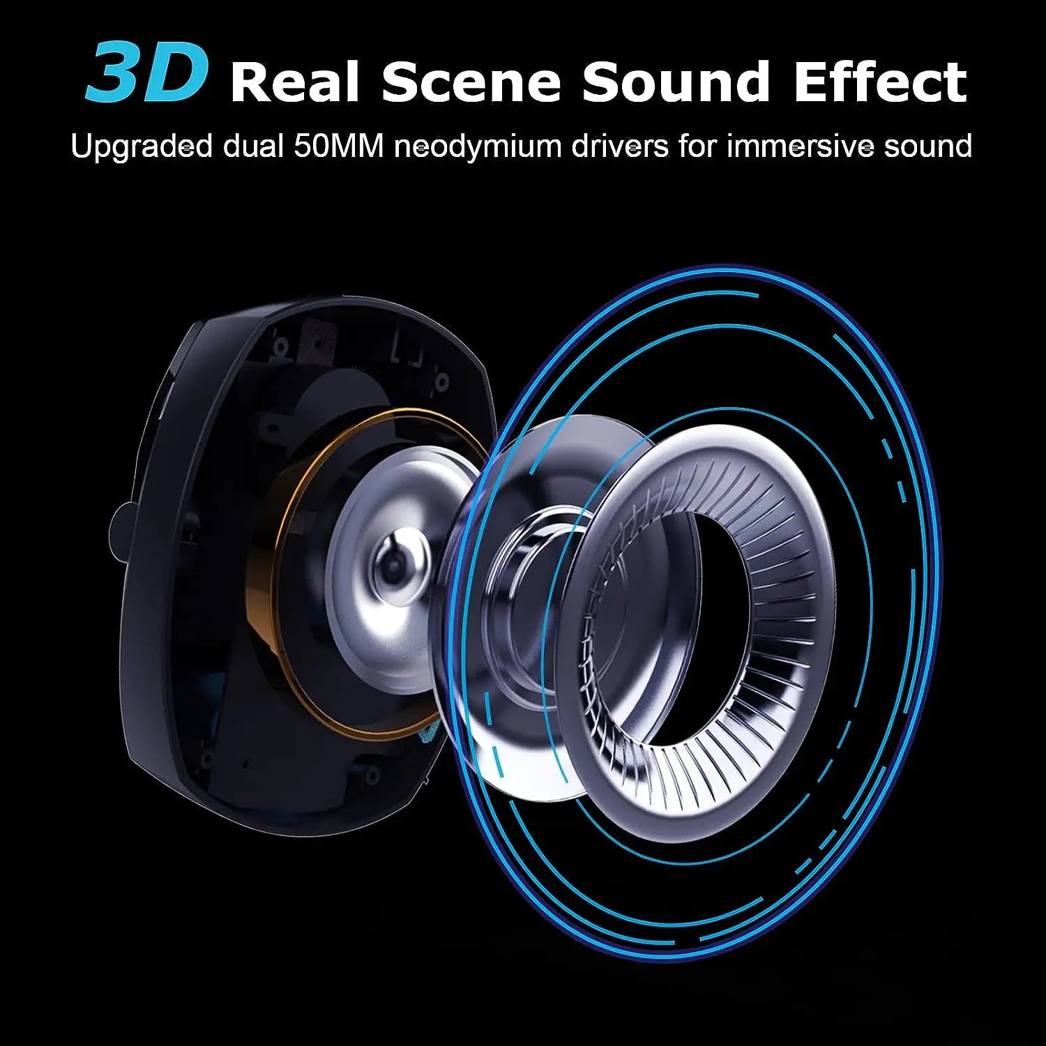 Black and silver dual 50mm neodymium drivers with blue sound waves for gaming headset detachable noise cancelling stereo surround