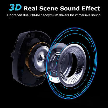 Black and silver dual 50mm neodymium drivers with blue sound waves for gaming headset detachable noise cancelling stereo surround
