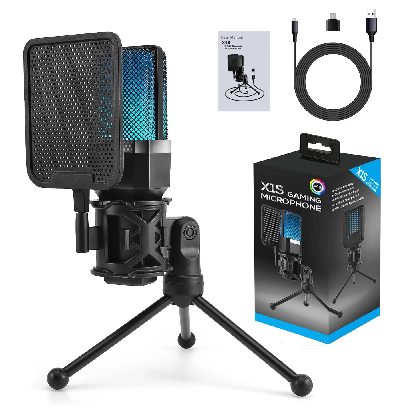 Black x1s gaming microphone professional condenser mic with blue mesh grille pop filter on tripod for streaming podcast gamer