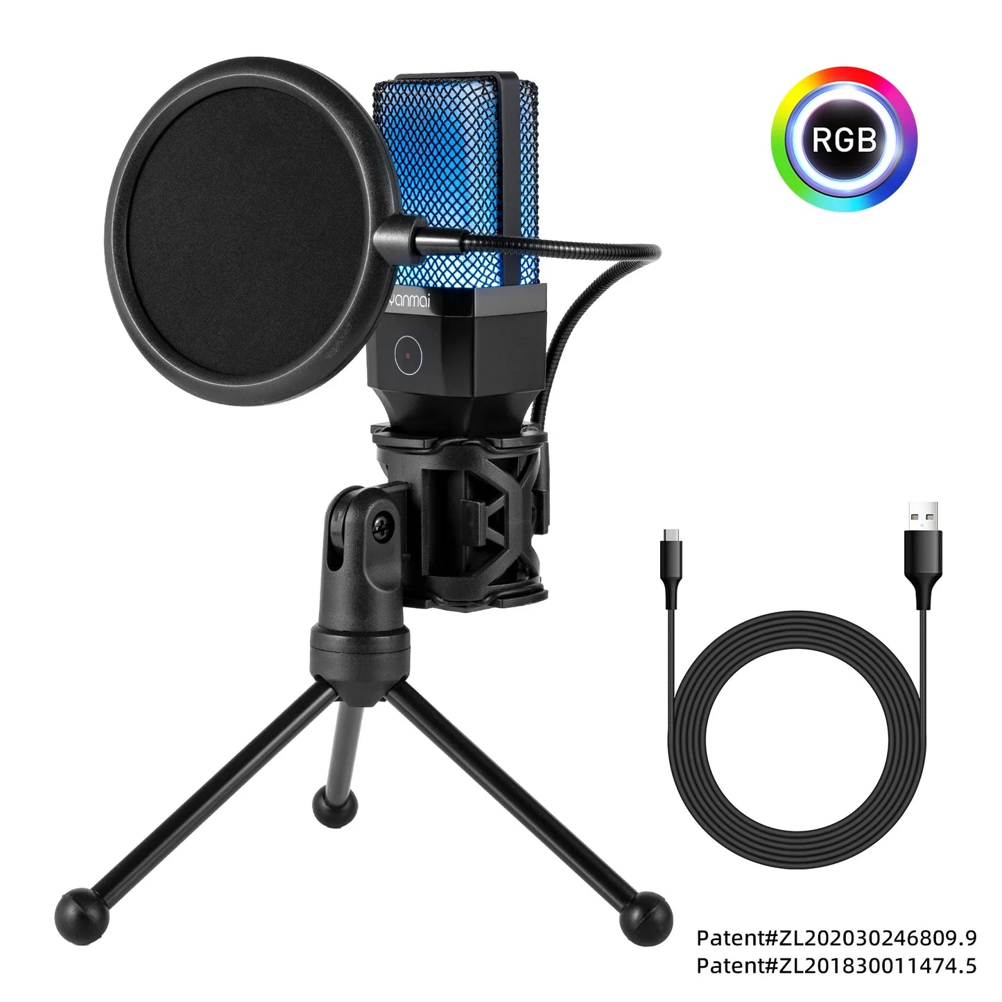 Black usb gaming microphone professional condenser with blue mesh grille pop filter rgb lighting on tripod stand for streaming podcast gamer