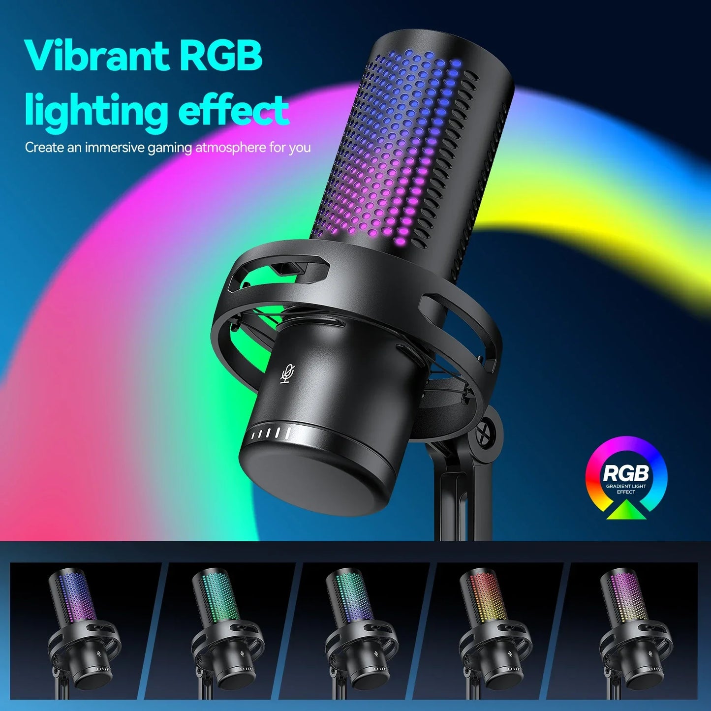 Black gaming microphone professional condenser with perforated grille and vibrant rgb lighting for streaming podcast gamer use