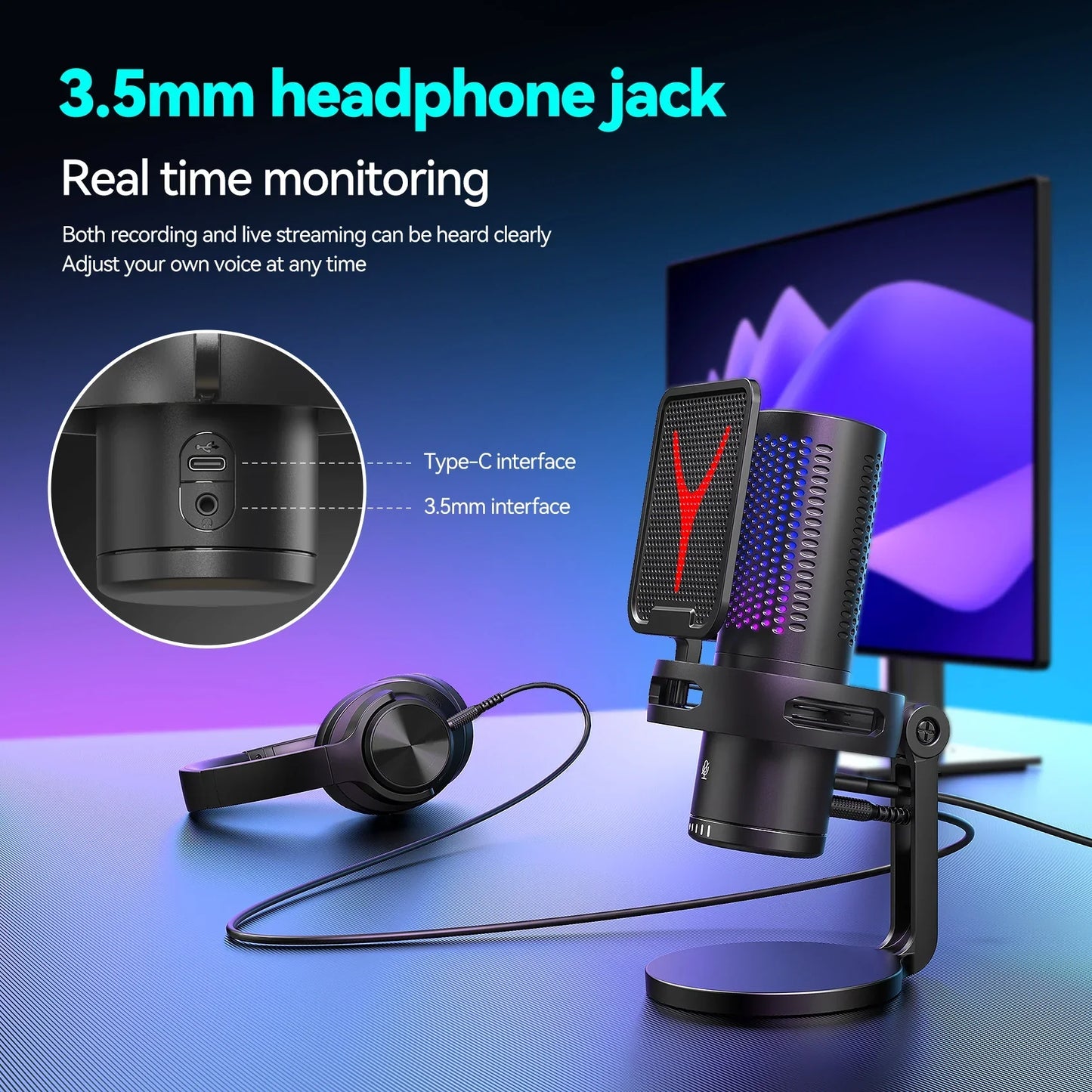 Black gaming microphone professional condenser mic with red and purple led grille on stand for streaming podcast gamer use
