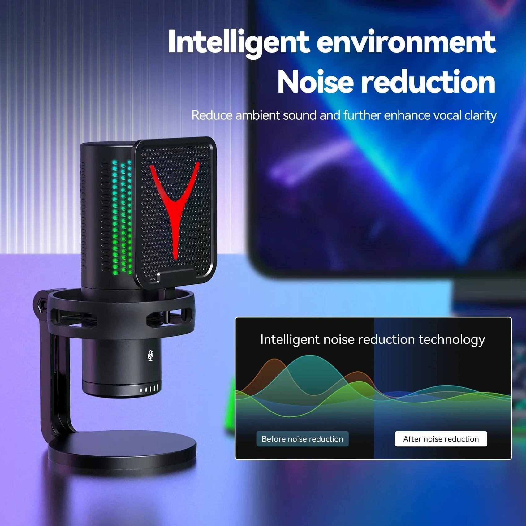 Black gaming microphone professional condenser mic with red and green illuminated y-shaped logo for streaming podcast gamer use