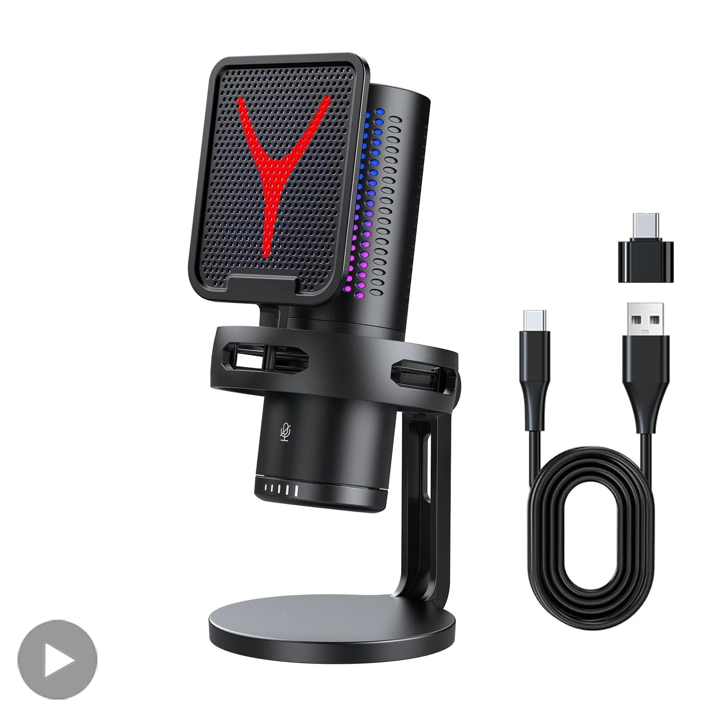 Black gaming microphone professional condenser with red y logo rgb lighting adjustable stand usb for streaming podcast gamer