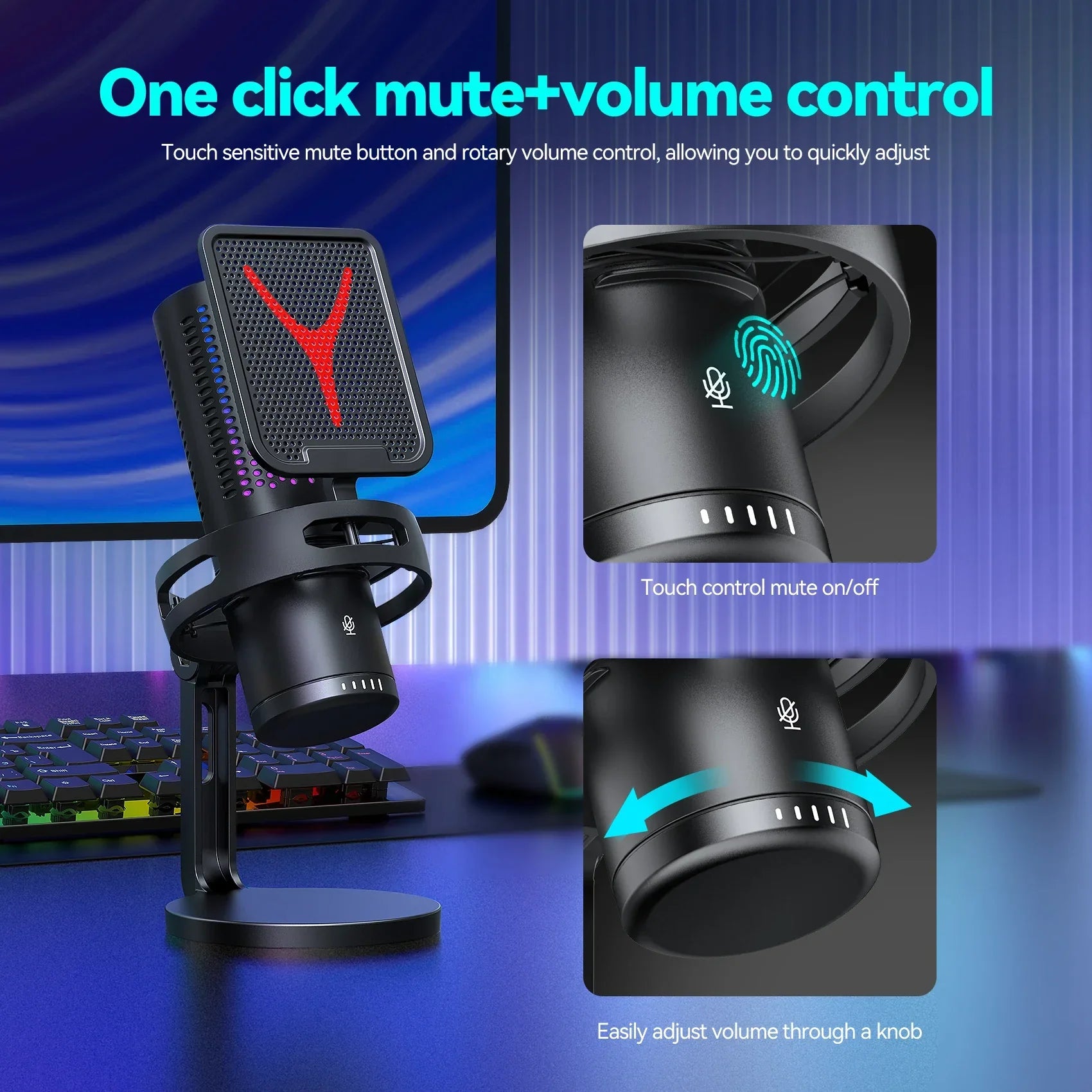 Black gaming microphone professional condenser mic with red y logo and touch mute for streaming podcast gamer use