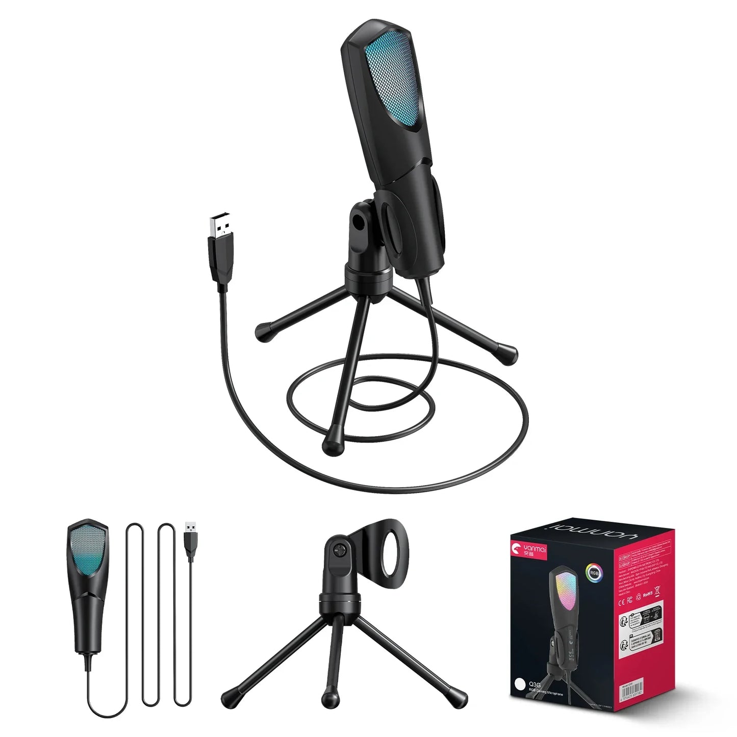Black usb gaming microphone with blue mesh grille condenser podcast mic with headphone jack led and noise cancellation