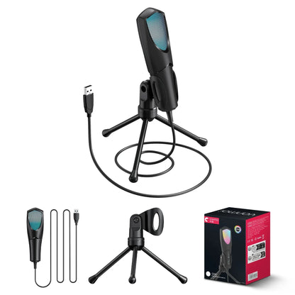 Black usb gaming microphone with blue mesh grille condenser podcast mic with headphone jack led and noise cancellation