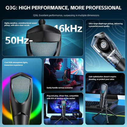 Black q3g gaming microphone usb condenser podcast mic with mesh grille rgb led and headphone jack for studio recording