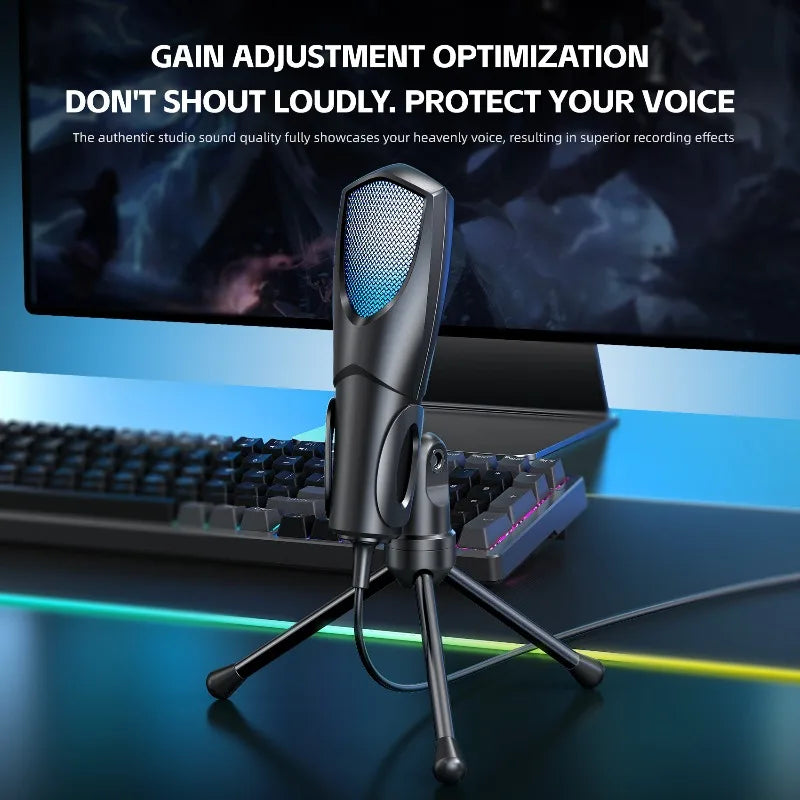 Black condenser podcast mic with mesh grille metallic accents mounted on tripod stand gaming microphone usb with headphone jack led