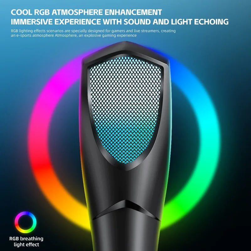 Black gaming microphone usb condenser podcast mic with mesh grille breathing rgb led and headphone jack for studio use