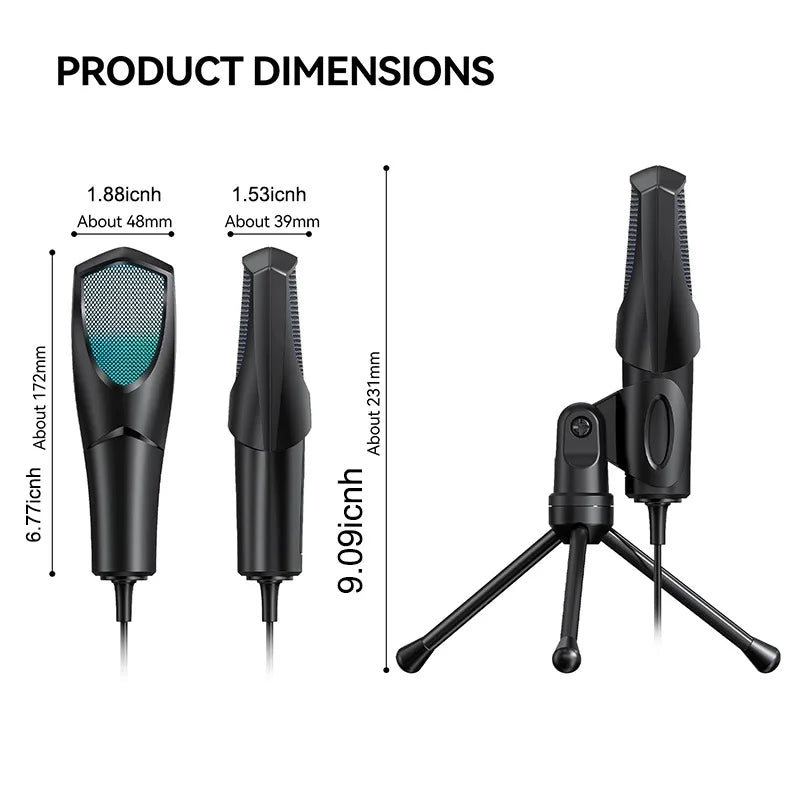 Black condenser podcast mic with teal mesh grille on adjustable stand featuring headphone jack led for gaming microphone usb