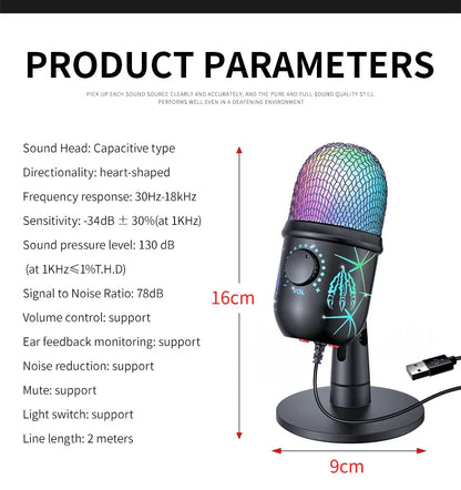 Black usb gaming microphone with rainbow mesh grille and blue led skeletal design condenser podcast mic with stereo monitoring