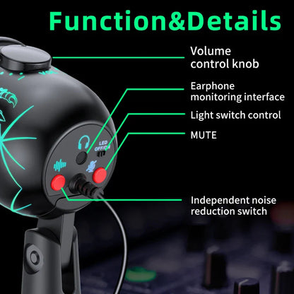 Black spherical gaming microphone usb with glowing green accents red volume mute and light control buttons for stereo monitoring