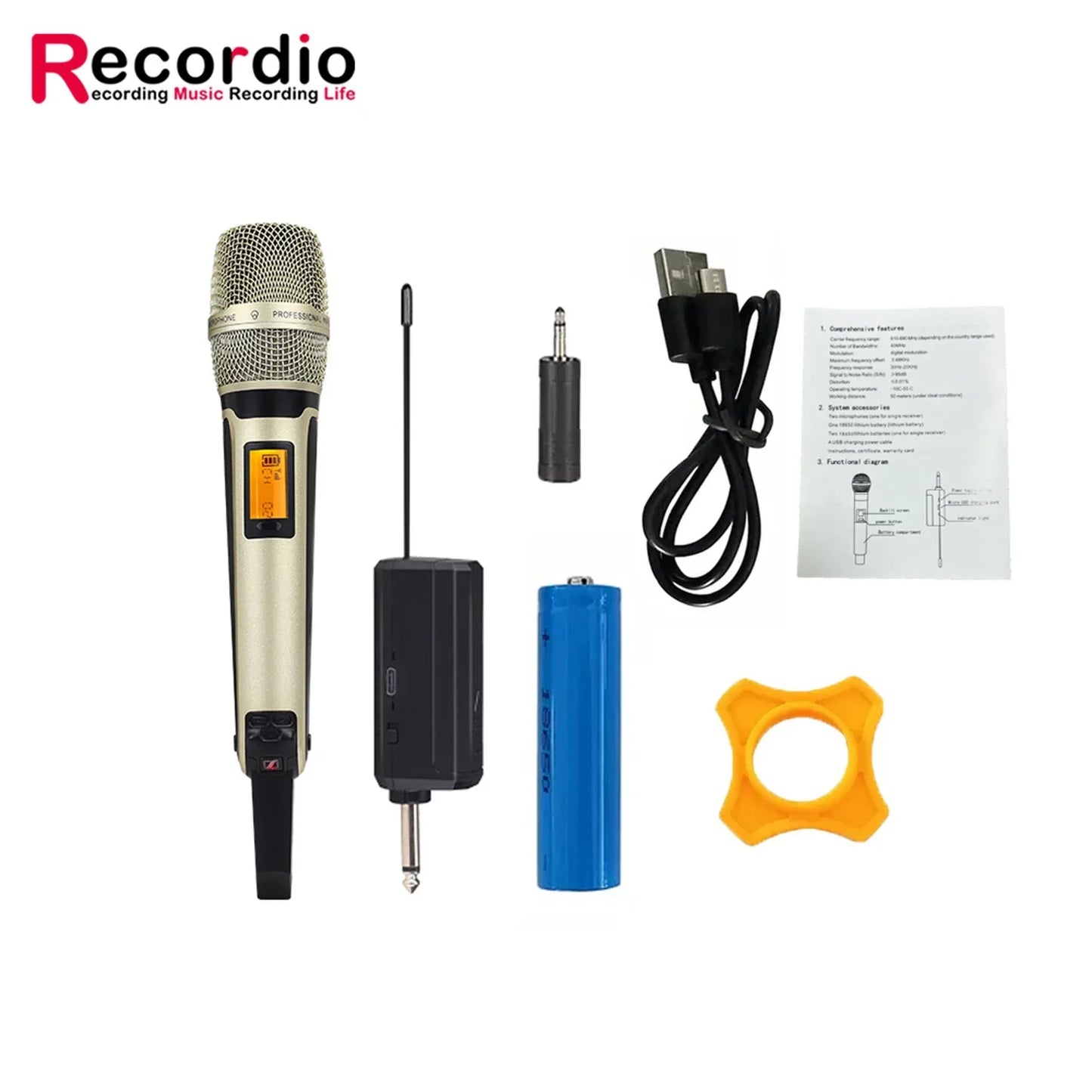 Gold-colored gaw-skm9000a handheld vocal karaoke microphone professional with mesh grille and digital display rechargeable mic