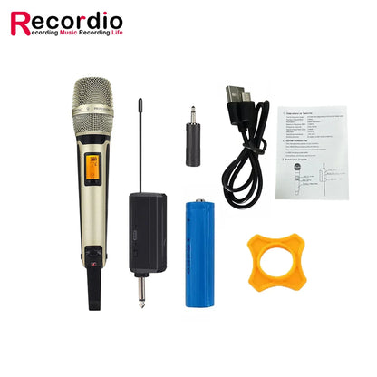 Gold-colored gaw-skm9000a handheld vocal karaoke microphone professional with mesh grille and digital display rechargeable mic