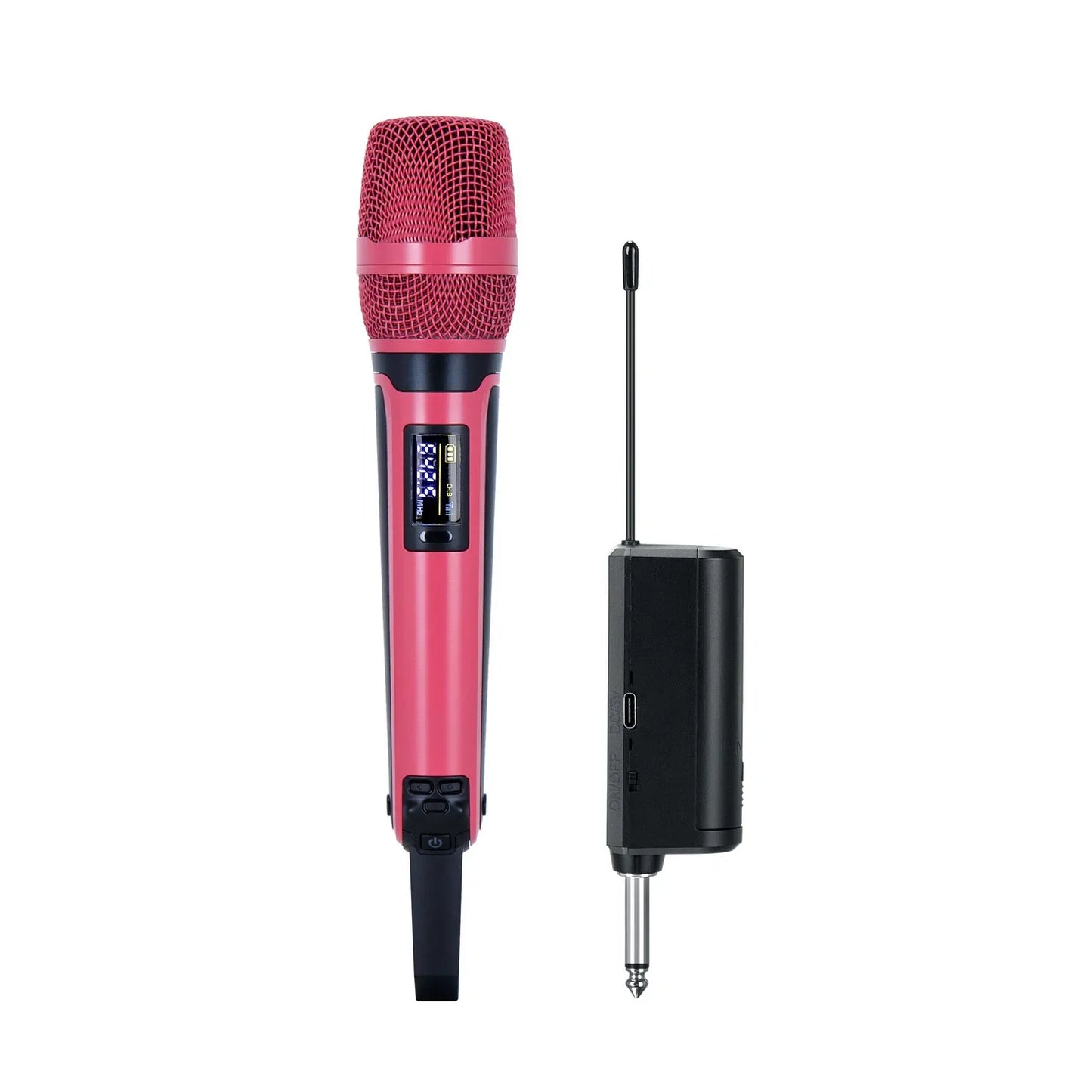 Pink gaw-skm9000a handheld vocal karaoke microphone with mesh grille and digital display paired with black receiver unit