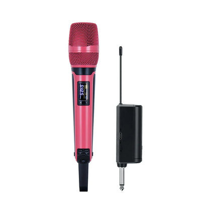 Pink gaw-skm9000a handheld vocal karaoke microphone with mesh grille and digital display paired with black receiver unit