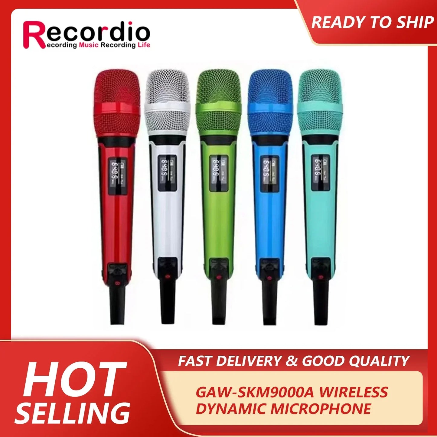 Five vibrant-colored gaw-skm9000a wireless dynamic handheld vocal karaoke microphones with metallic grilles and digital displays