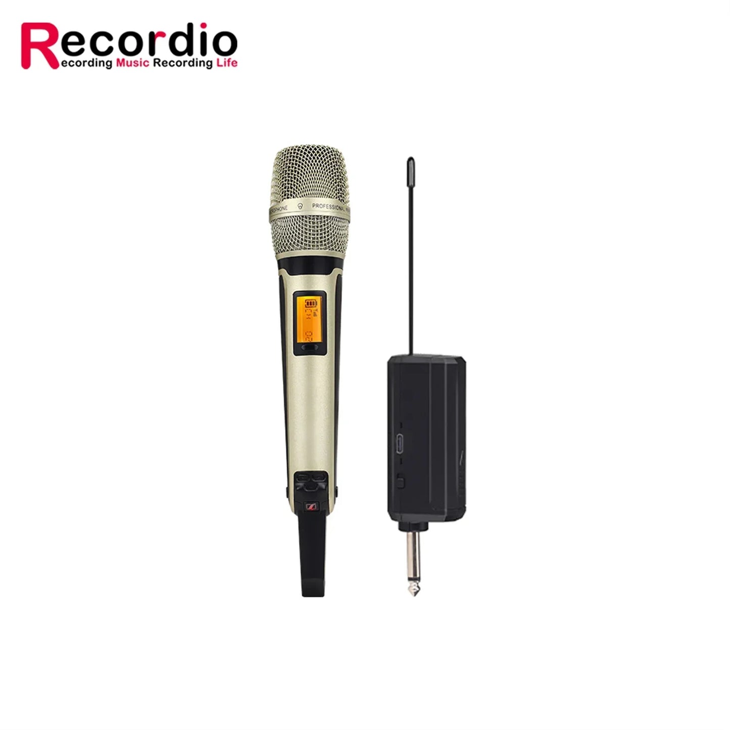 Gold-colored gaw-skm9000a handheld vocal karaoke microphone with metallic mesh grille and black receiver unit professional mic