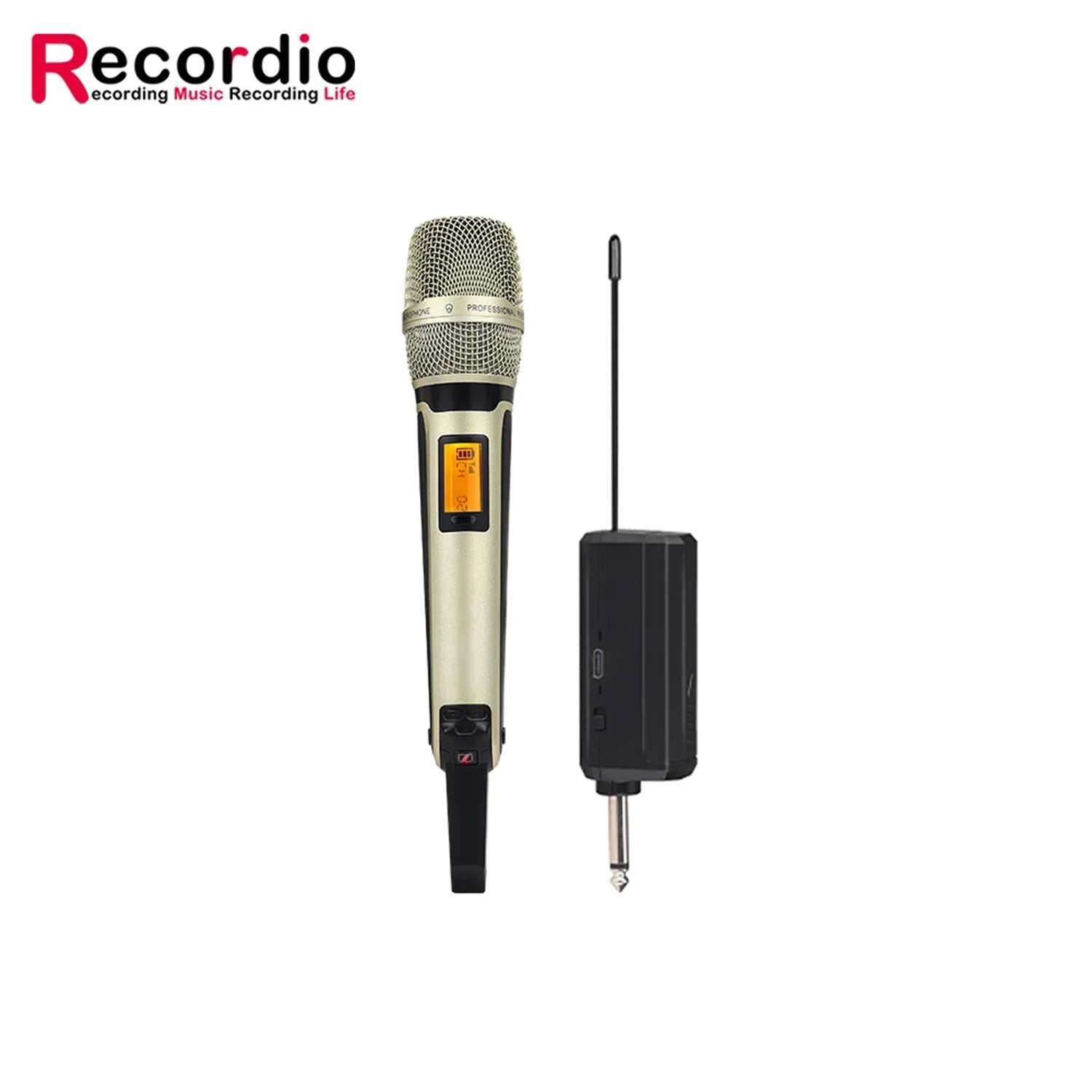 Gold-colored gaw-skm9000a handheld vocal karaoke microphone with metallic mesh grille and black receiver unit professional mic