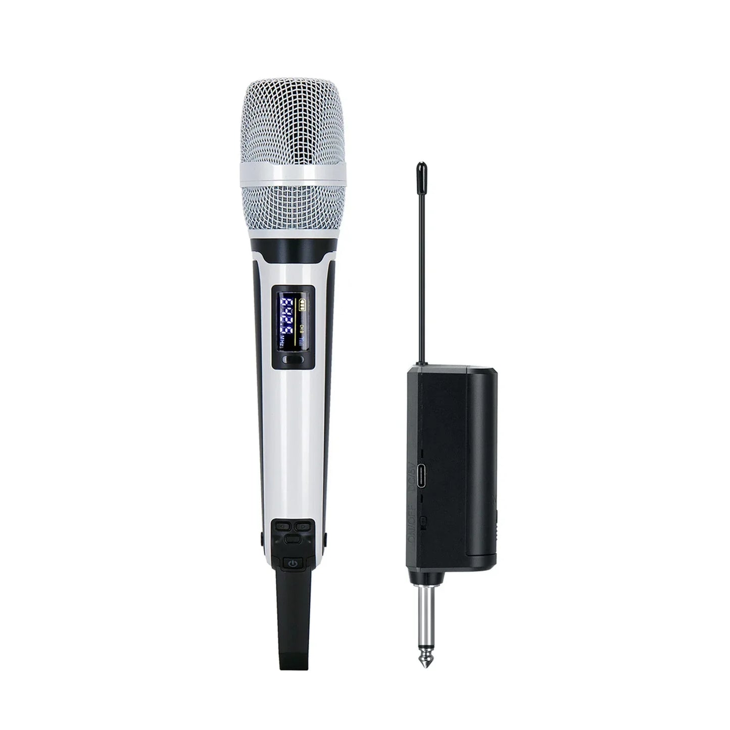 Silver and black gaw-skm9000a handheld vocal karaoke microphone professional with digital display and compact receiver unit