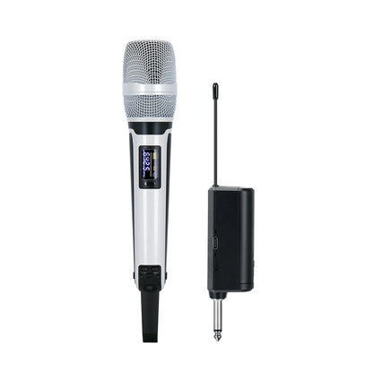 Silver and black gaw-skm9000a handheld vocal karaoke microphone professional with digital display and compact receiver unit