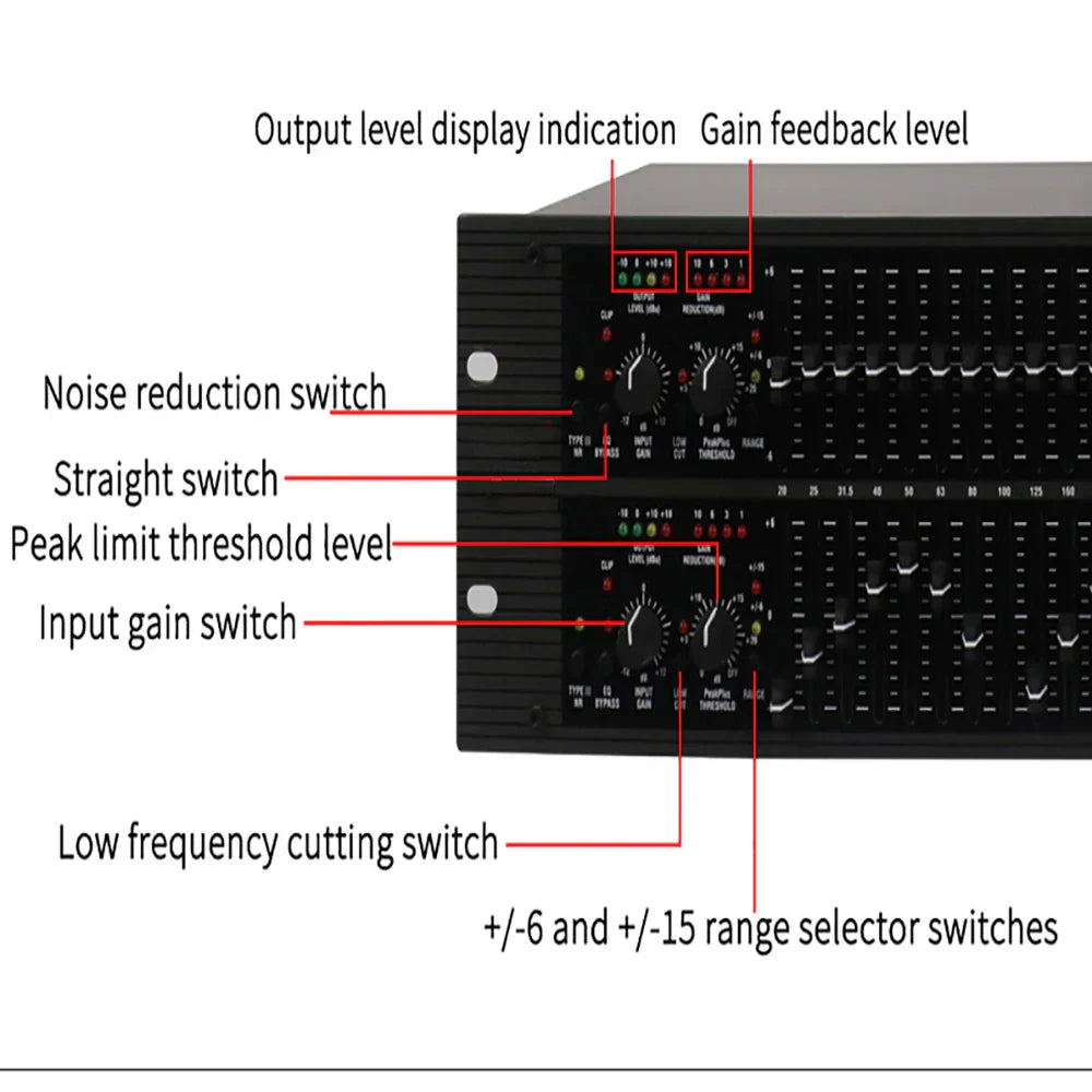 Black professional gax-2231 dj sound system with dual channel 31 band graphic equalizer and illuminated gain indicators