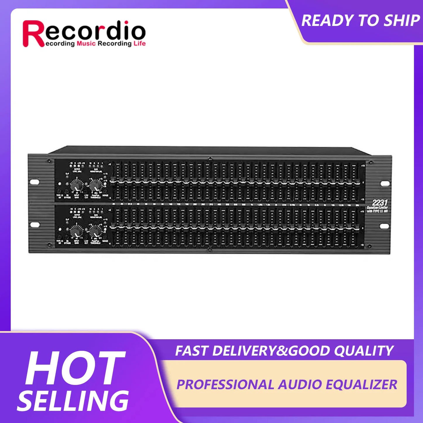 Black gax-2231 dj sound dual channel 31 band graphic equalizer with dual rows of sliders and compression limiter function