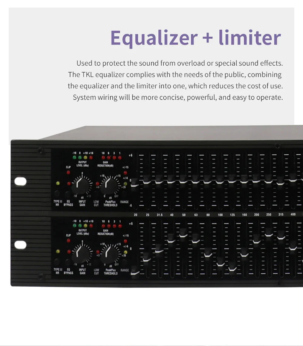 Black gax-2231 dj sound dual channel 31 band graphic equalizer with compression limiter function and dual sliders