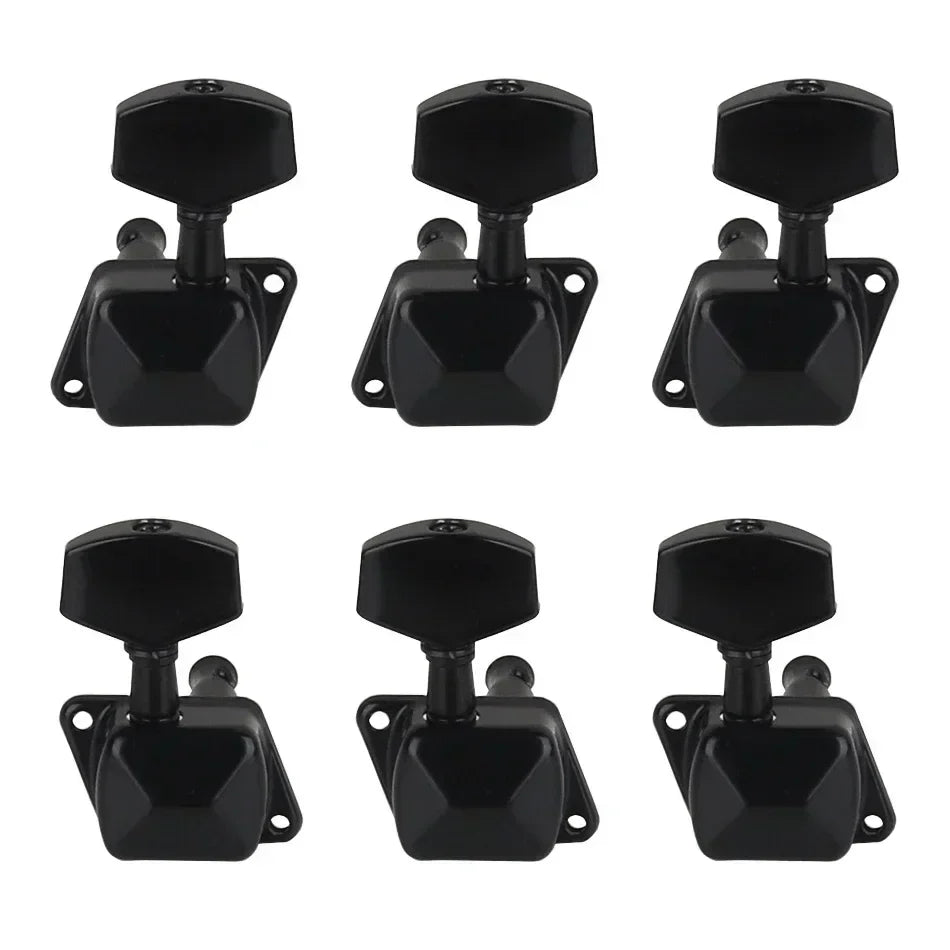 Set of six black glossy semi-closed string tuning pegs with hexagonal heads and square bases for electric or acoustic guitar