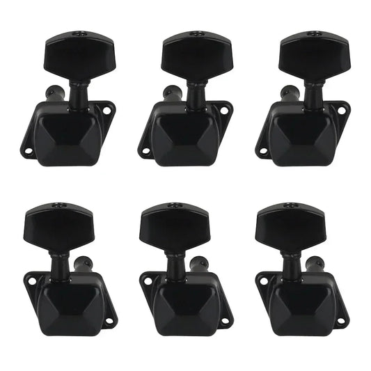 Set of six black glossy semi-closed string tuning pegs with hexagonal heads and square bases for electric or acoustic guitar