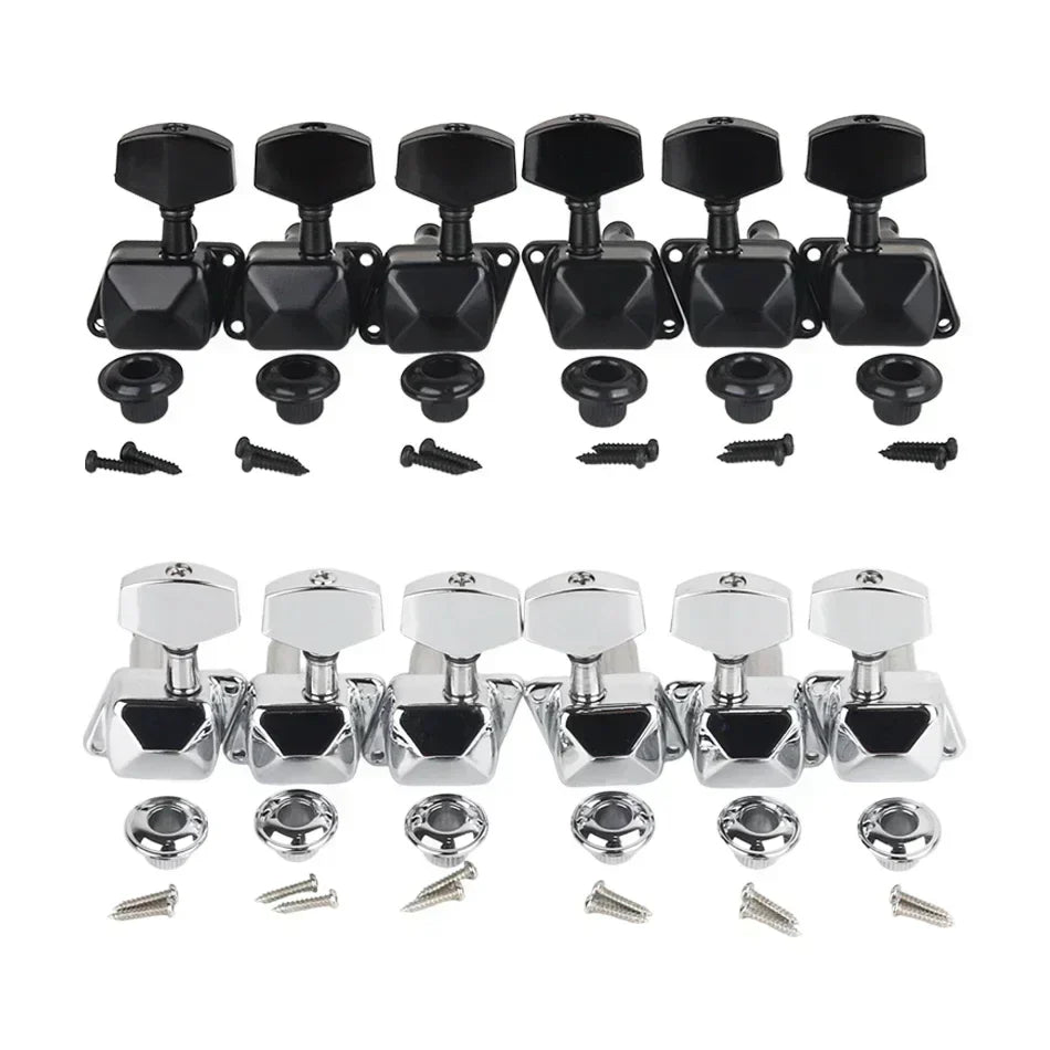 Gearlly black and chrome semi-closed string tuning pegs with matching screws and caps for electric or acoustic guitars
