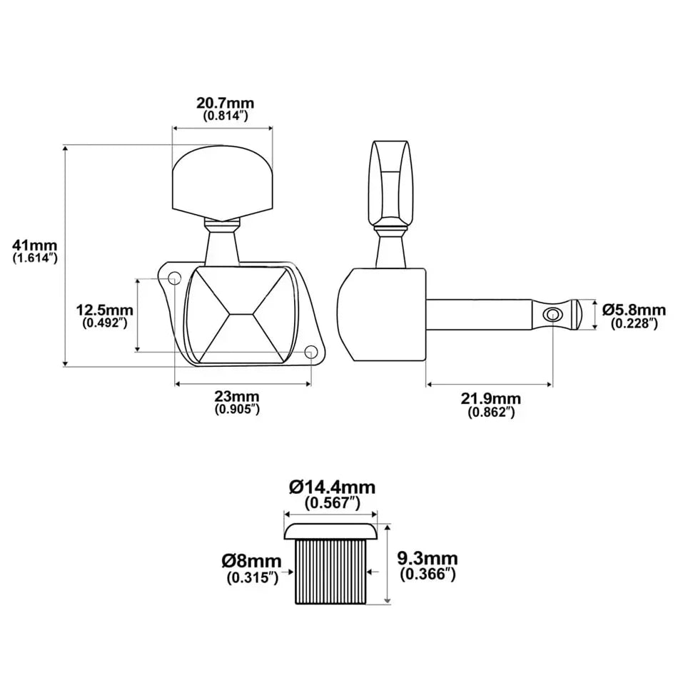 Black gearlly semi-closed string tuning peg with hexagonal head and threaded shaft for electric or acoustic guitar