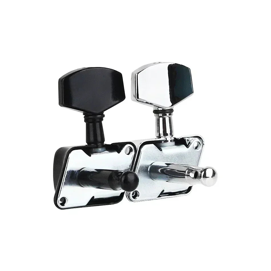 A pair of gearlly semi-closed string tuning pegs with black and chrome knobs on metallic bases for electric or acoustic guitar