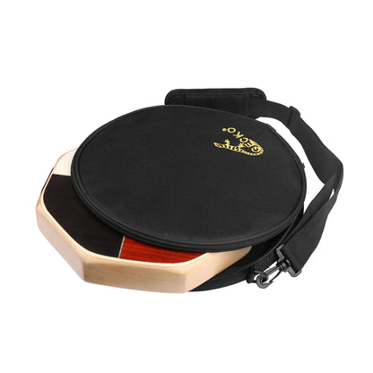Black padded carrying case with gold gekko logo designed for tiger maple wood cajon drum percussion instrument