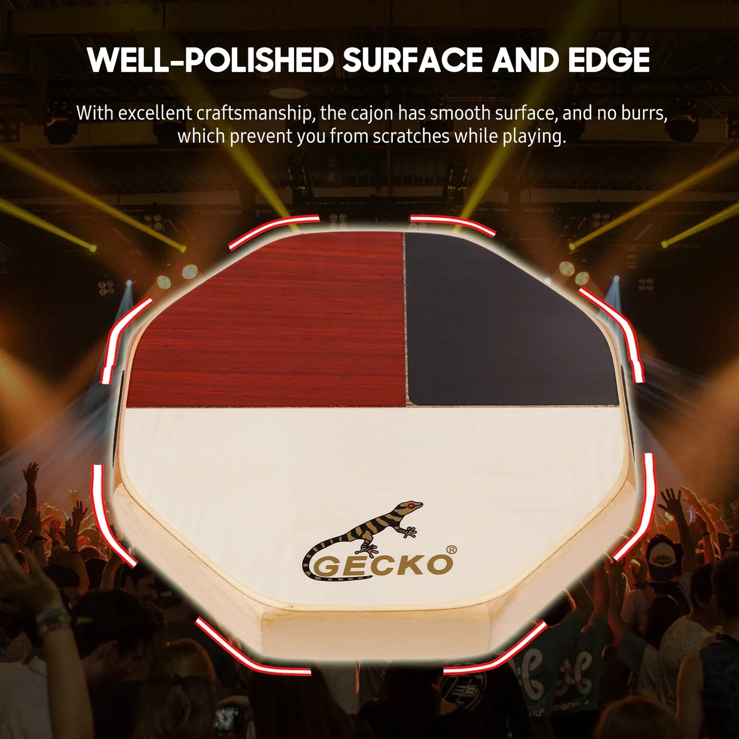 Gecko SD6 octagonal cajon drum with polished red black and white tiger maple wood surface percussion instrument for travel