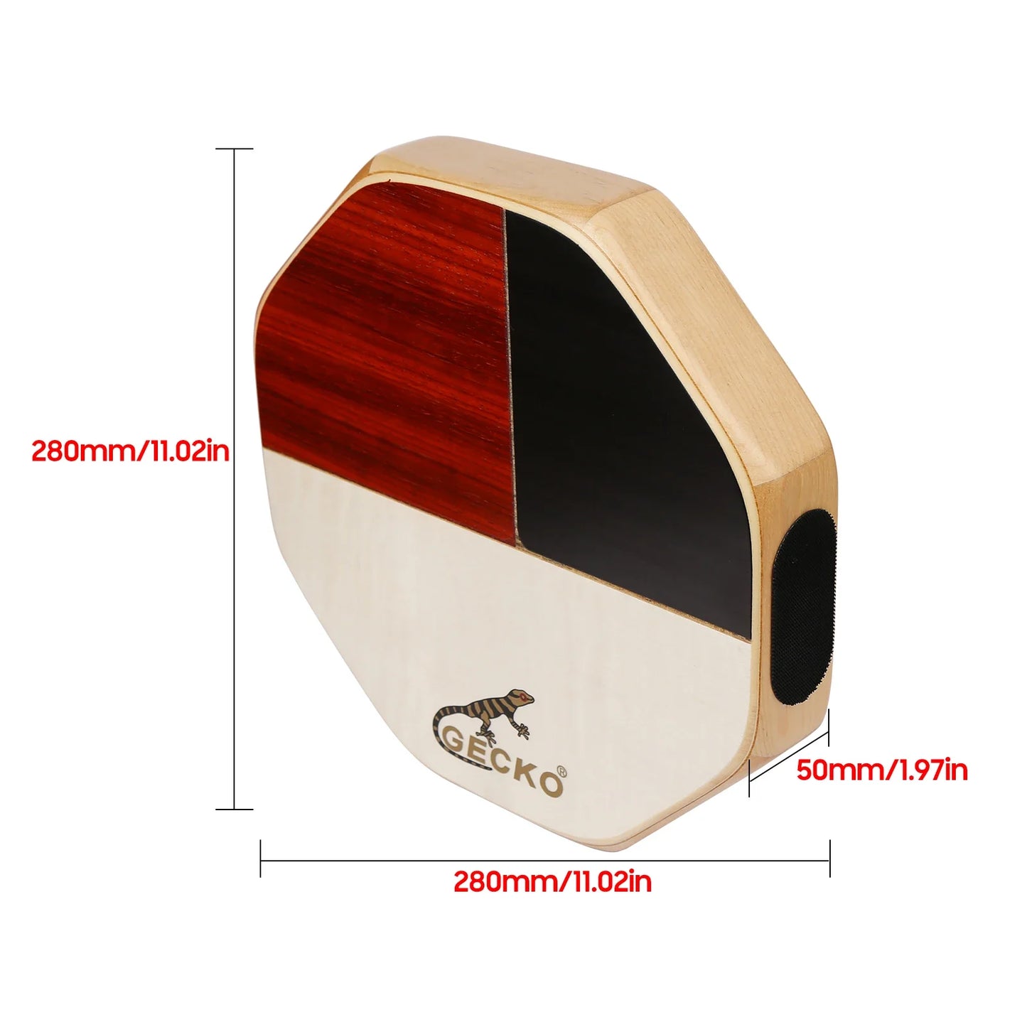 Gecko brand octagonal wooden cajon drum in red black and natural tiger maple wood finish percussion instrument