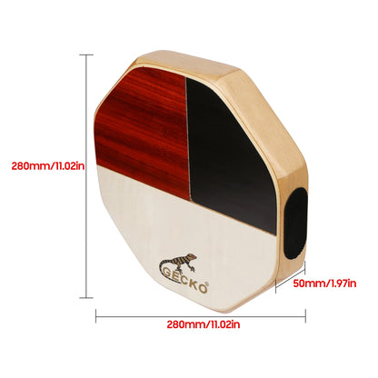 Gecko brand octagonal wooden cajon drum in red black and natural tiger maple wood finish percussion instrument