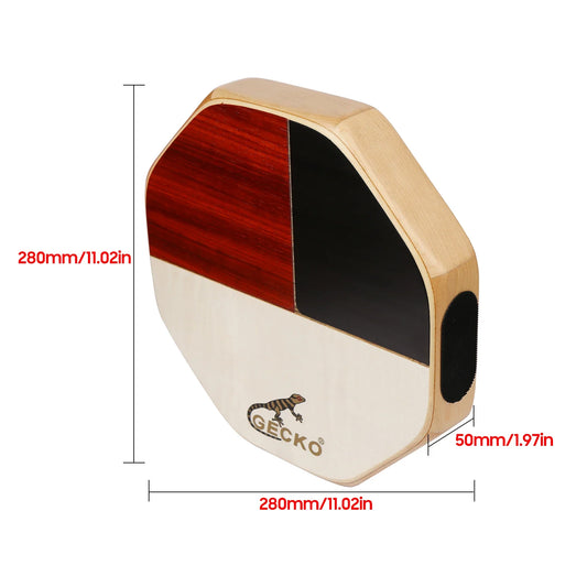 Gecko brand octagonal wooden cajon drum in red black and natural tiger maple wood finish percussion instrument