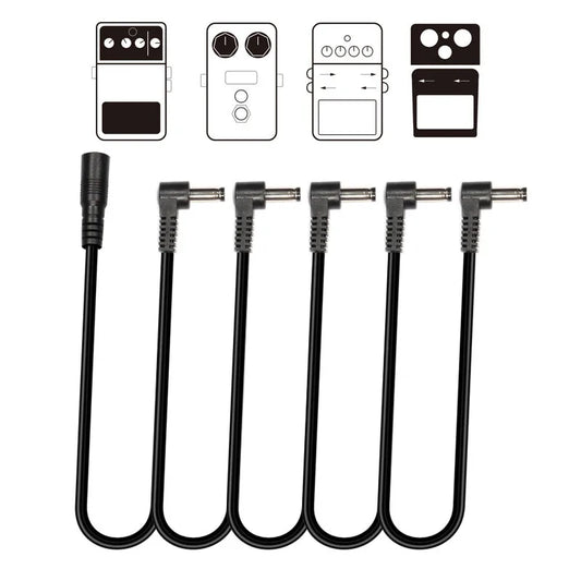 Set of five black angled daisy chain cables with textured connectors for guitar effect pedals and 9v dc power adapters