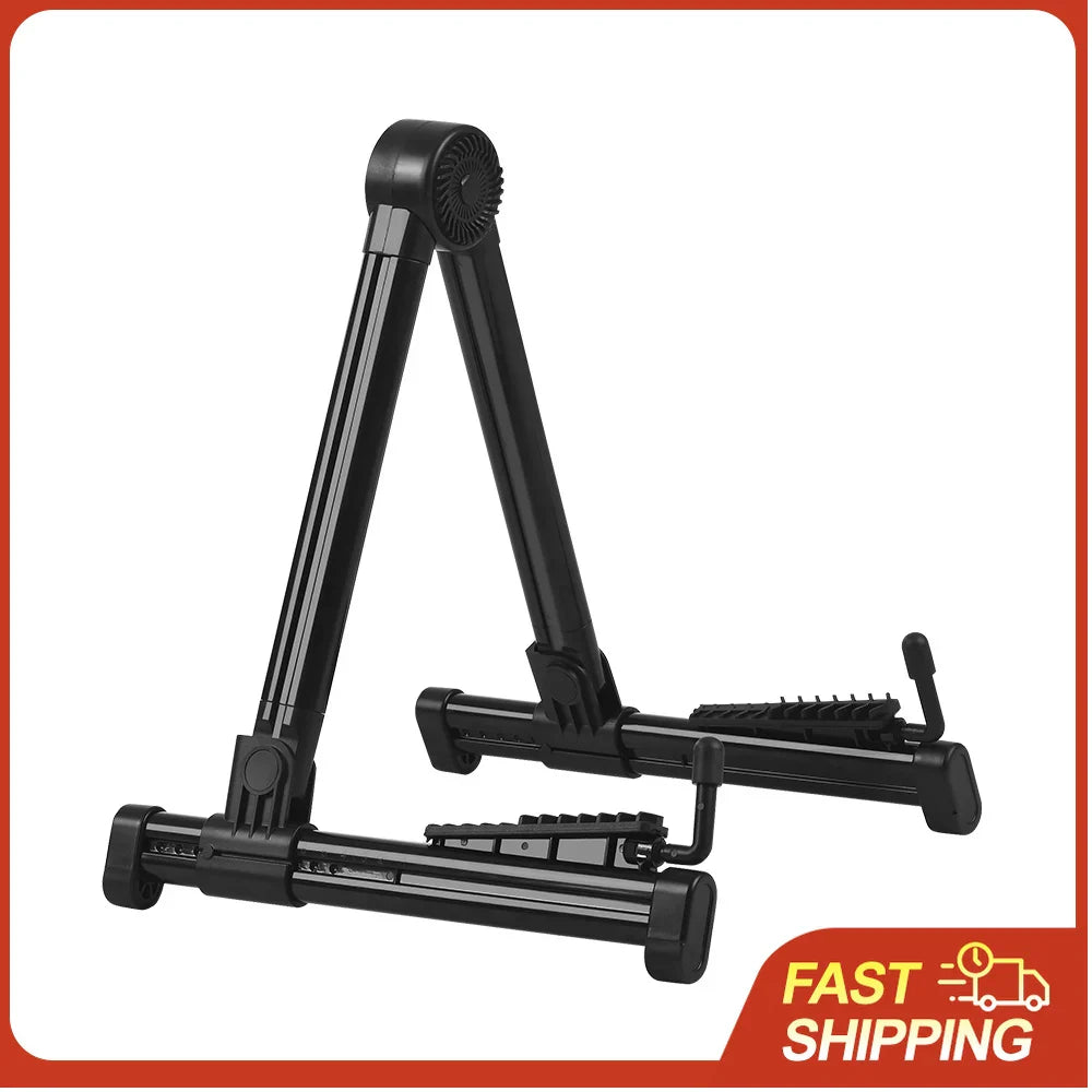 Black plastic retractable foldable stand holder with adjustable height and textured grip for guitar violin ukulele