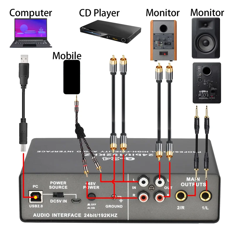 Black professional 24bit 192khz audio interface with gold-plated rca and xlr connectors for electric guitar loopback studio pc recording