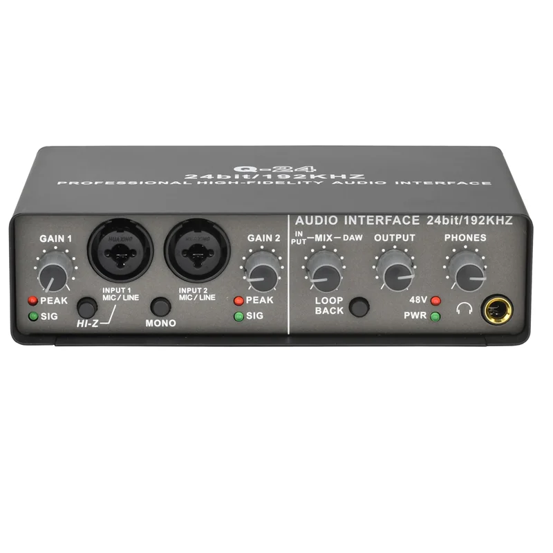 Black professional 24bit 192khz audio interface with two xlr inputs and electric guitar loopback for studio pc recording