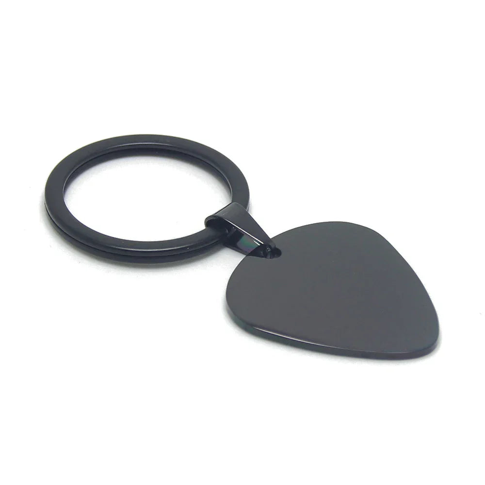 Black electric bass guitar pick keyring with sleek glossy finish minimalist design for musical instrument accessories