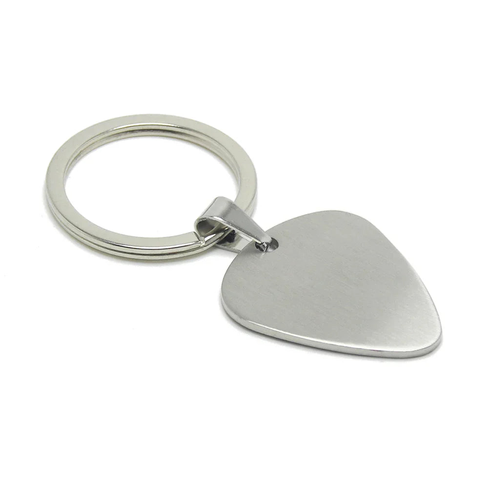 Silver guitar pick keyring with polished metallic finish ideal for electric bass guitar and musical instrument accessories
